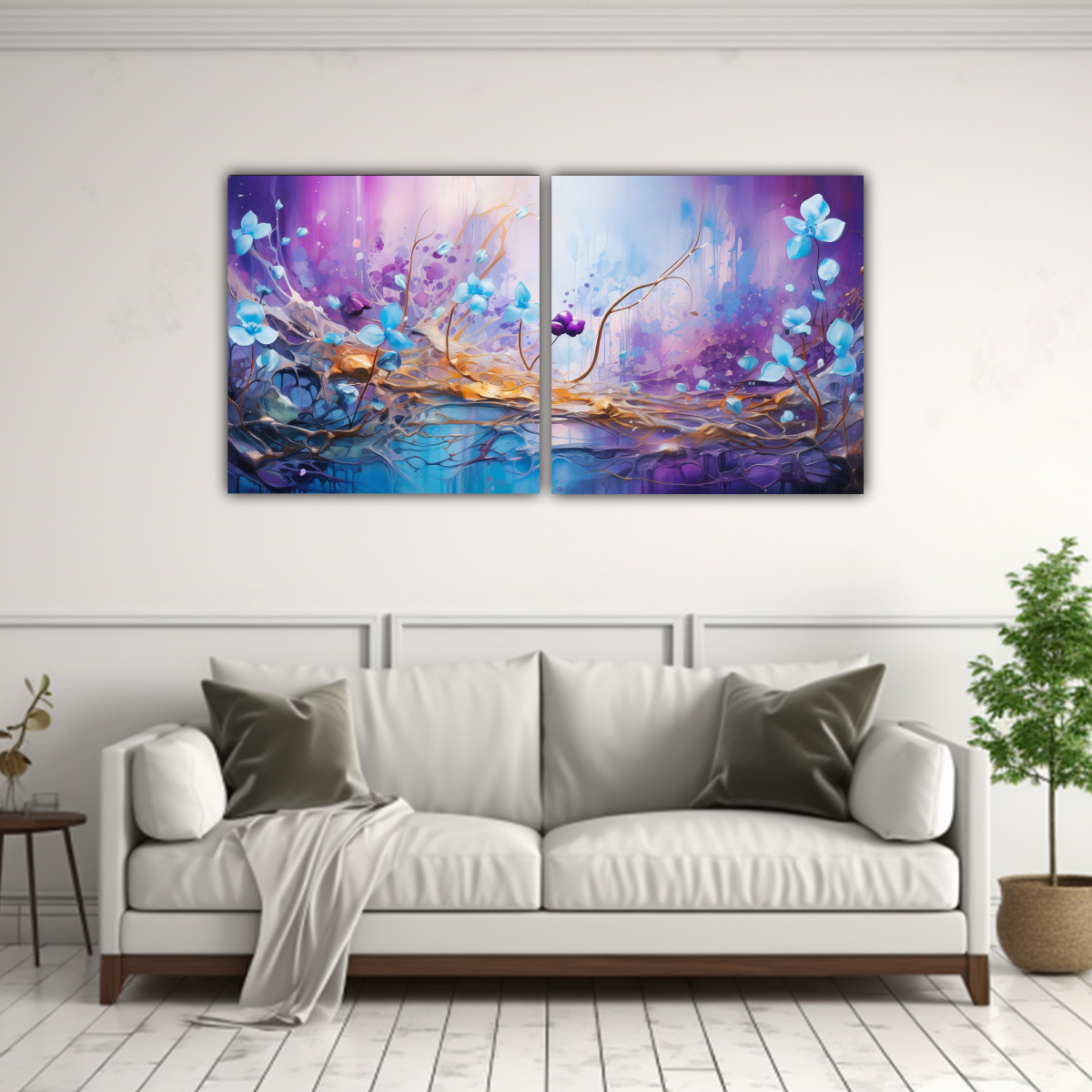 PINTURA EN MORADO Y DORADO EN ESTILO DE DOS TELAS 140X70 CM - 2