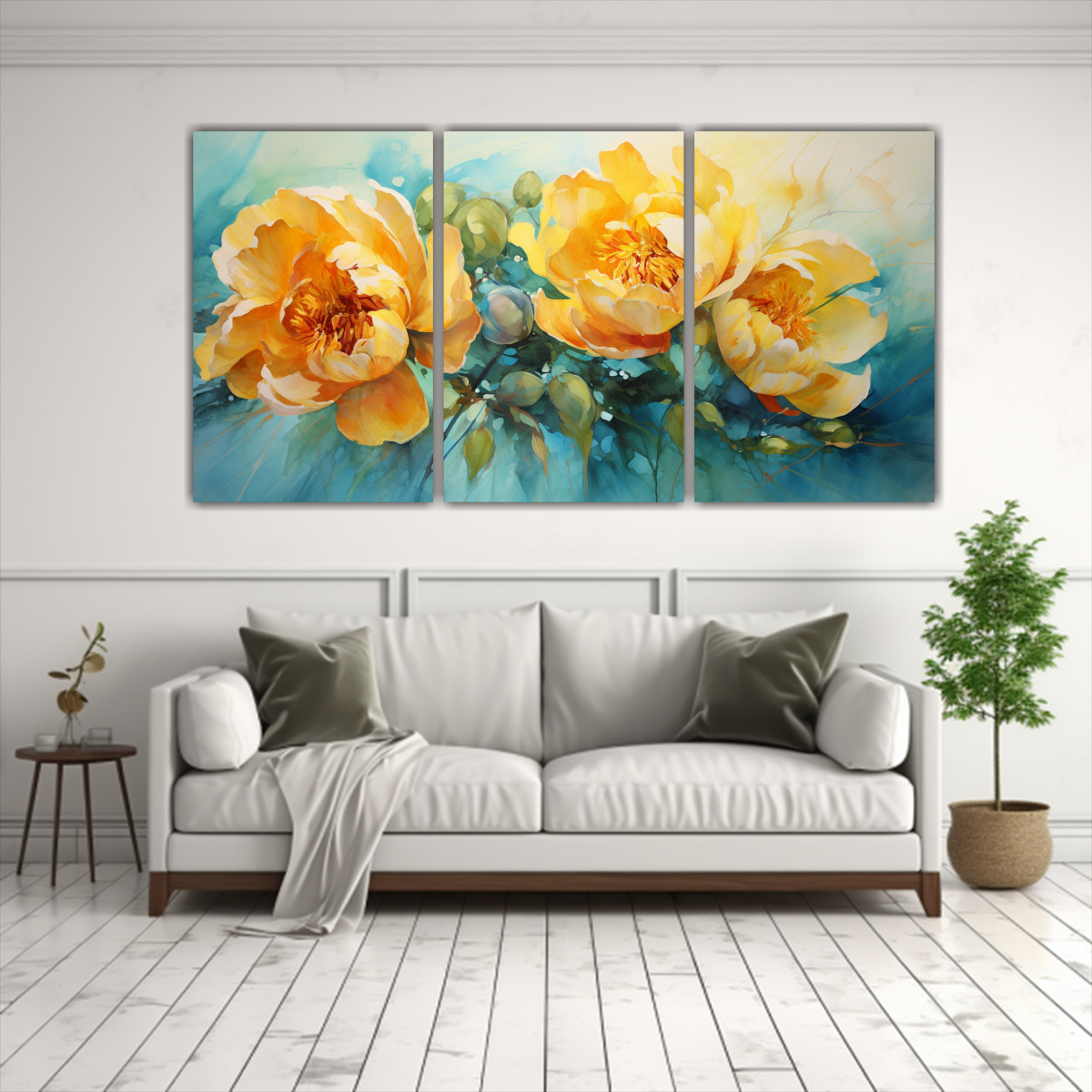 CUADRO ABSTRACTO DE FLORES PEONÍAS AMARILLAS Y 90X45 CM - 2
