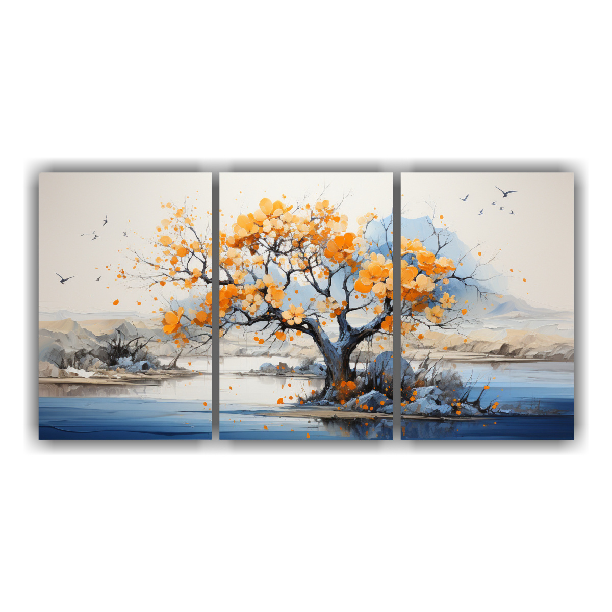 PINTURA ABSTRACTA DE COLORES NARANJA Y AZUL, SET 150X75 CM - 1
