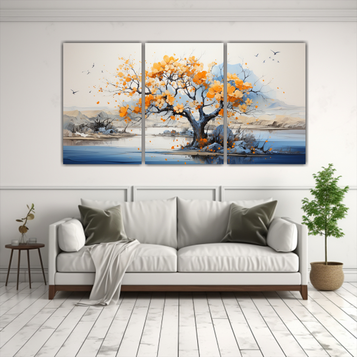 PINTURA ABSTRACTA DE COLORES NARANJA Y AZUL, SET 150X75 CM - 2