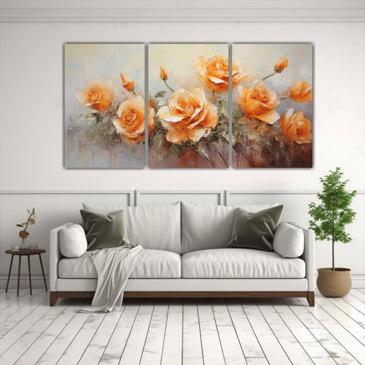 SET 3 CUADROS ACUARELA ESTILO A ROSAS NARANJAS EN 150X75 CM - 2