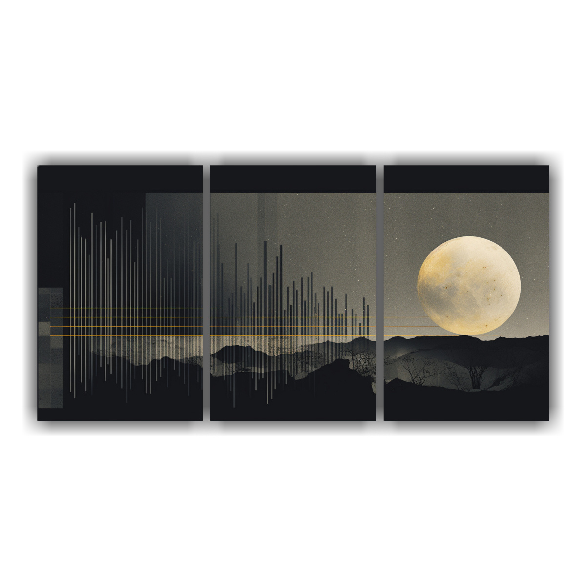 CUADROS MONÓCROMOS DE ALEGRÍA CON LUNA DORADA 240X120 CM - 1
