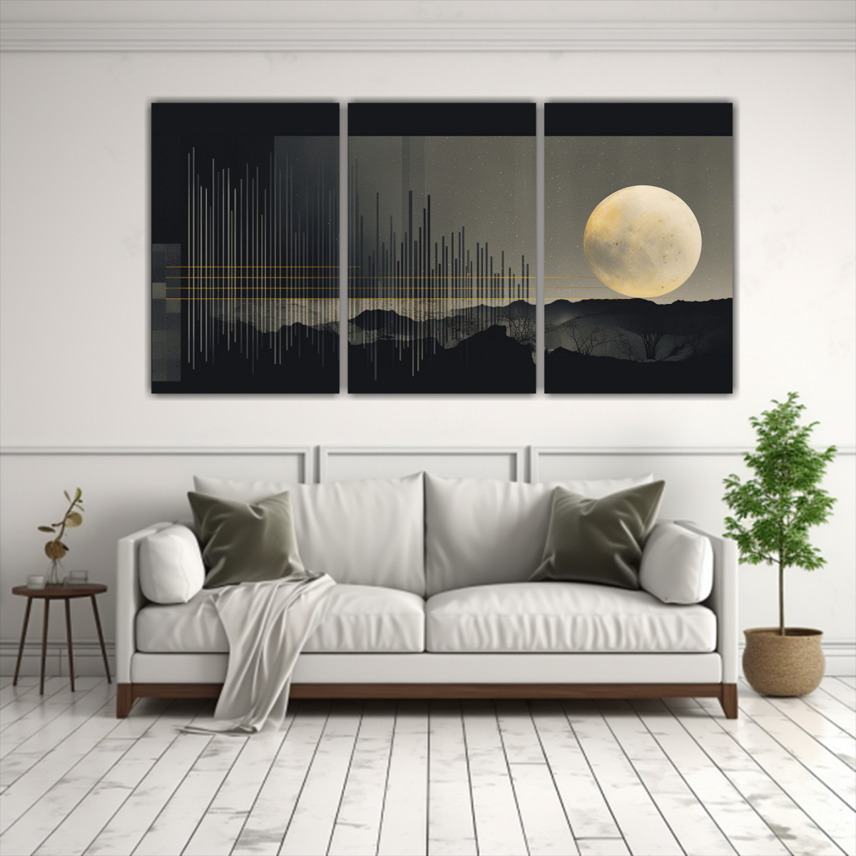 CUADROS MONÓCROMOS DE ALEGRÍA CON LUNA DORADA 240X120 CM - 2