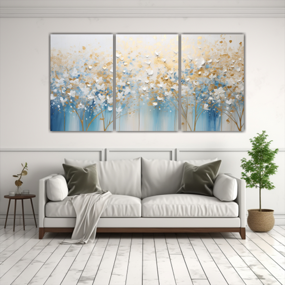 CONJUNTO DE 3 CUADROS VINTAGE EN BLANCO Y DORADO 120X60 CM - 2