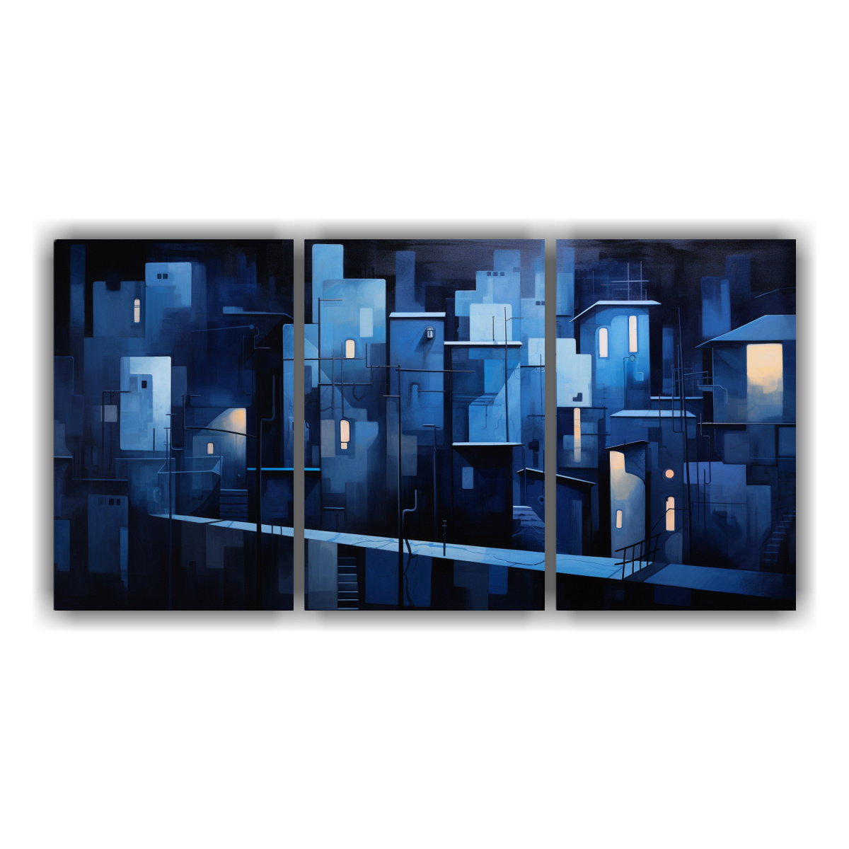 CUADRO ABSTRACTO URBANO NOCTURNO EN TRES LIENZOS 240X120 CM - 1