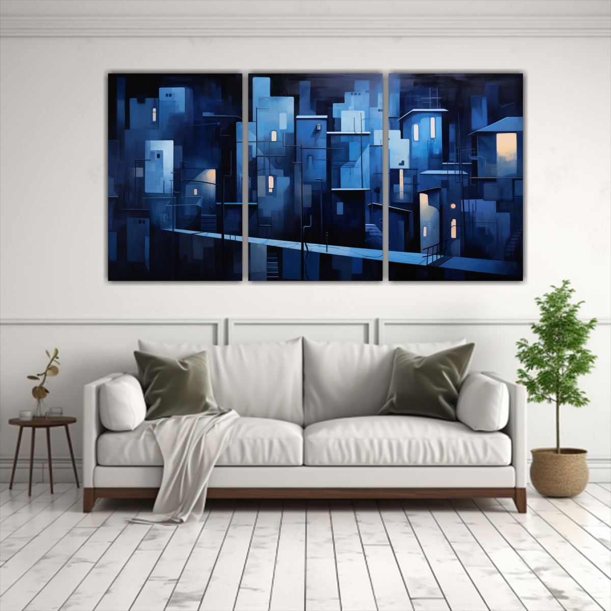 CUADRO ABSTRACTO URBANO NOCTURNO EN TRES LIENZOS 240X120 CM - 2