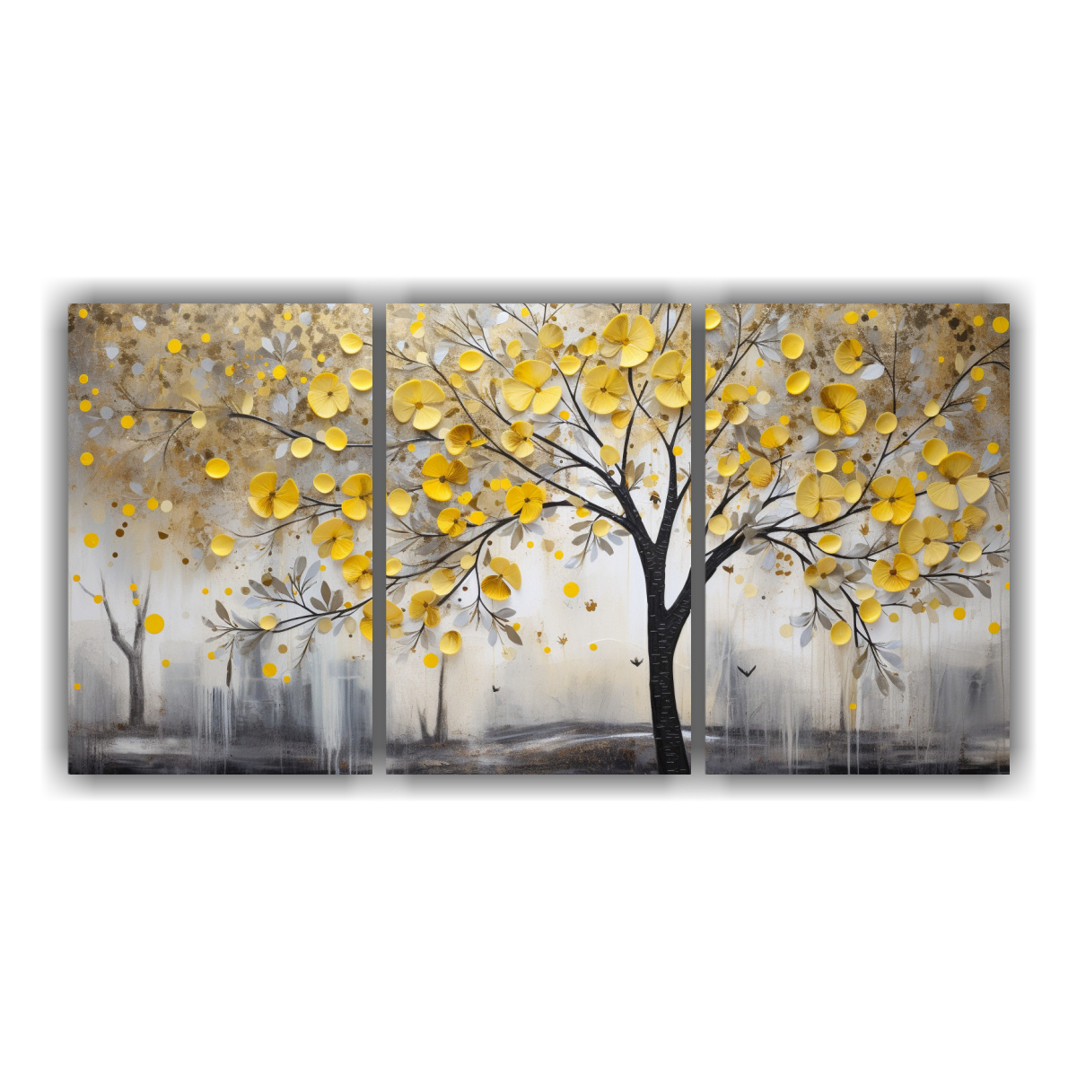 CONJUNTO 3 TELAS BASTIDOR VINTAGE ÁRBOL AMARILLO 60X30 CM - 1