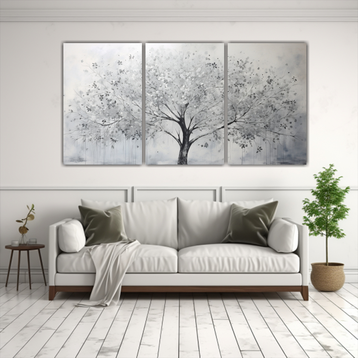PINTURA EN LIENZO DE ÁRBOL EN BLANCO Y PLATA EN 150X75 CM - 2