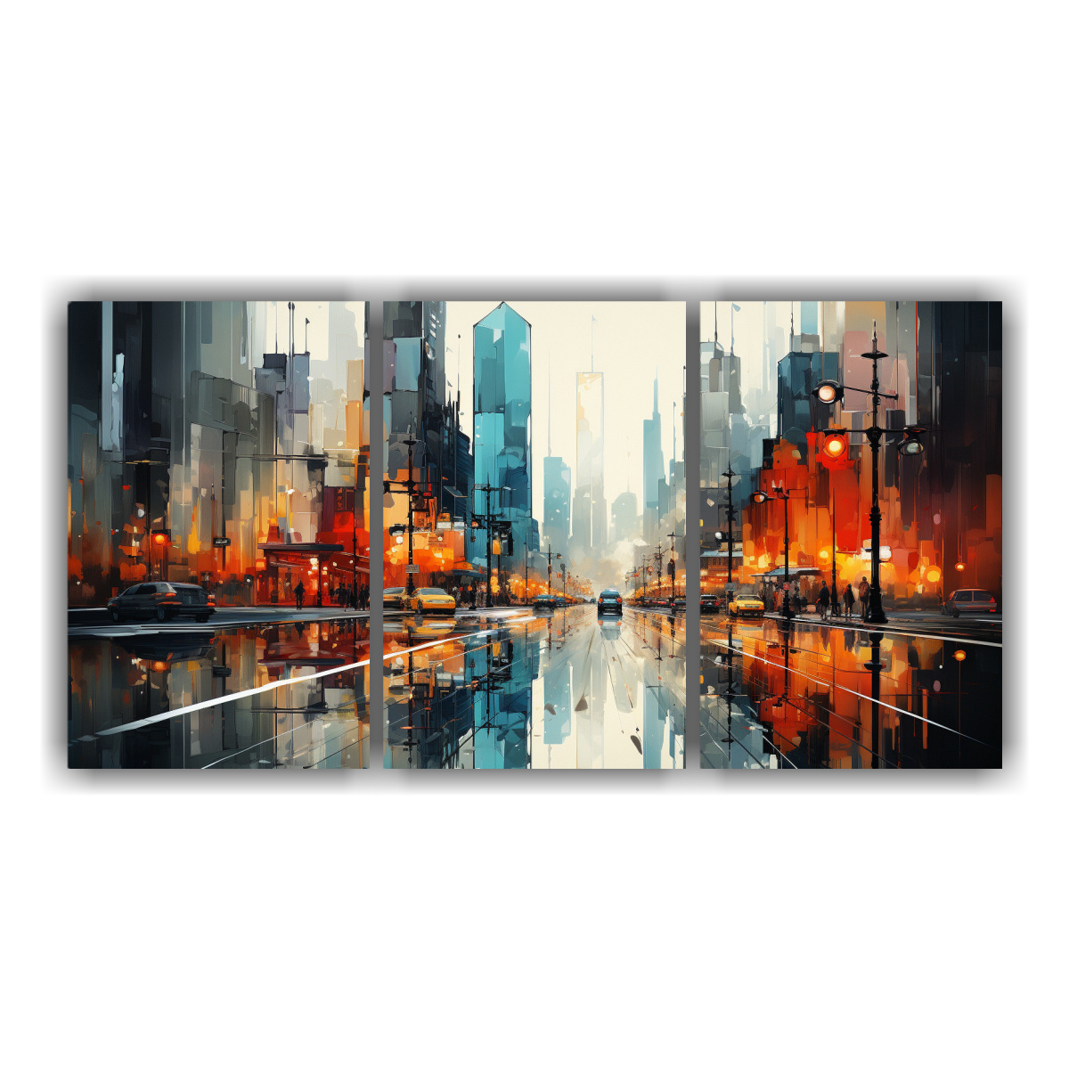 PINTURA ABSTRACTA DE EDIFICIOS JUNTO AL AGUA, 60X30 CM - 1