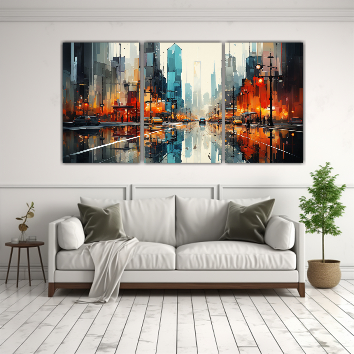 PINTURA ABSTRACTA DE EDIFICIOS JUNTO AL AGUA, 60X30 CM - 2