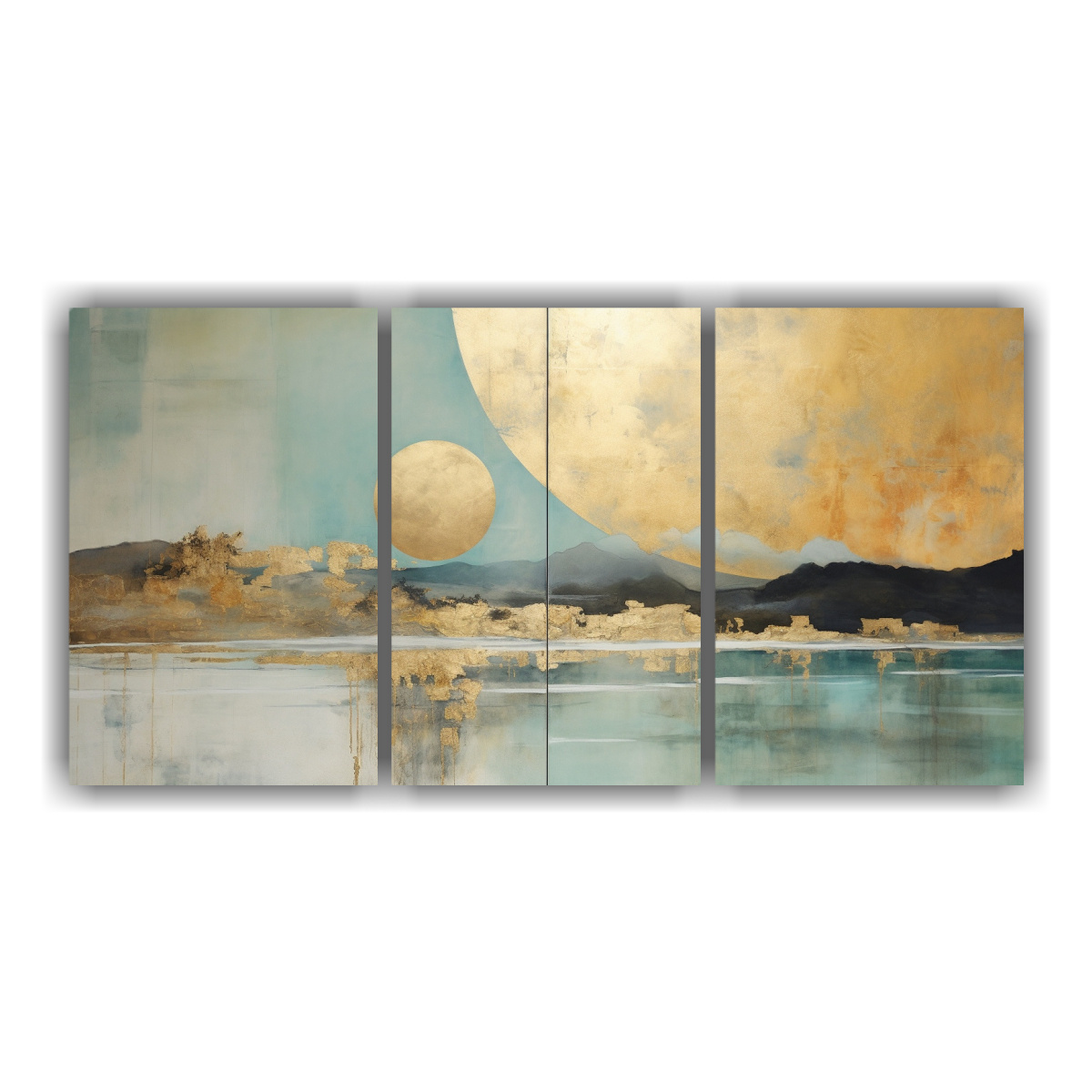 PINTURA EN BASTIDOR ACUARELA CON ORO, TURQUESA Y 240X120 CM - 1
