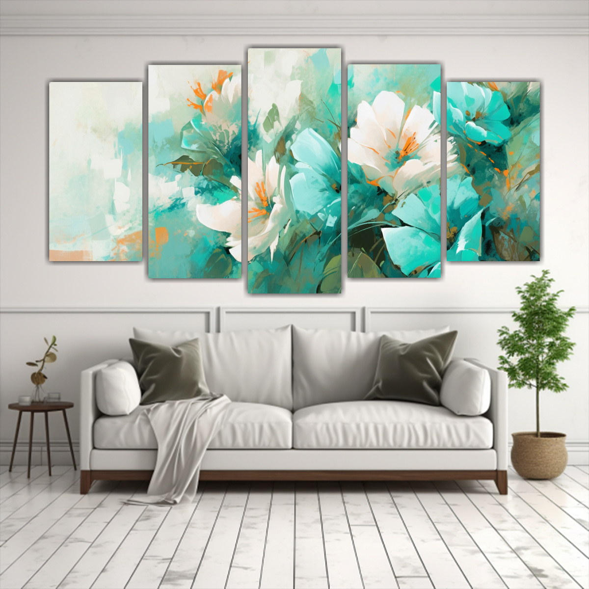 CUADRO DE FLORES EN COLORES TURQUESA PARA SALA EN 200X100 CM - 2