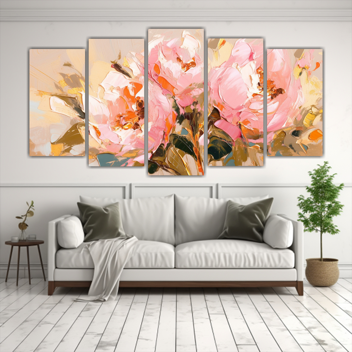 CUADRO DE FLORES EN TONALIDAD ORO Y ROSA EN LIENZO 250X125 CM - 2