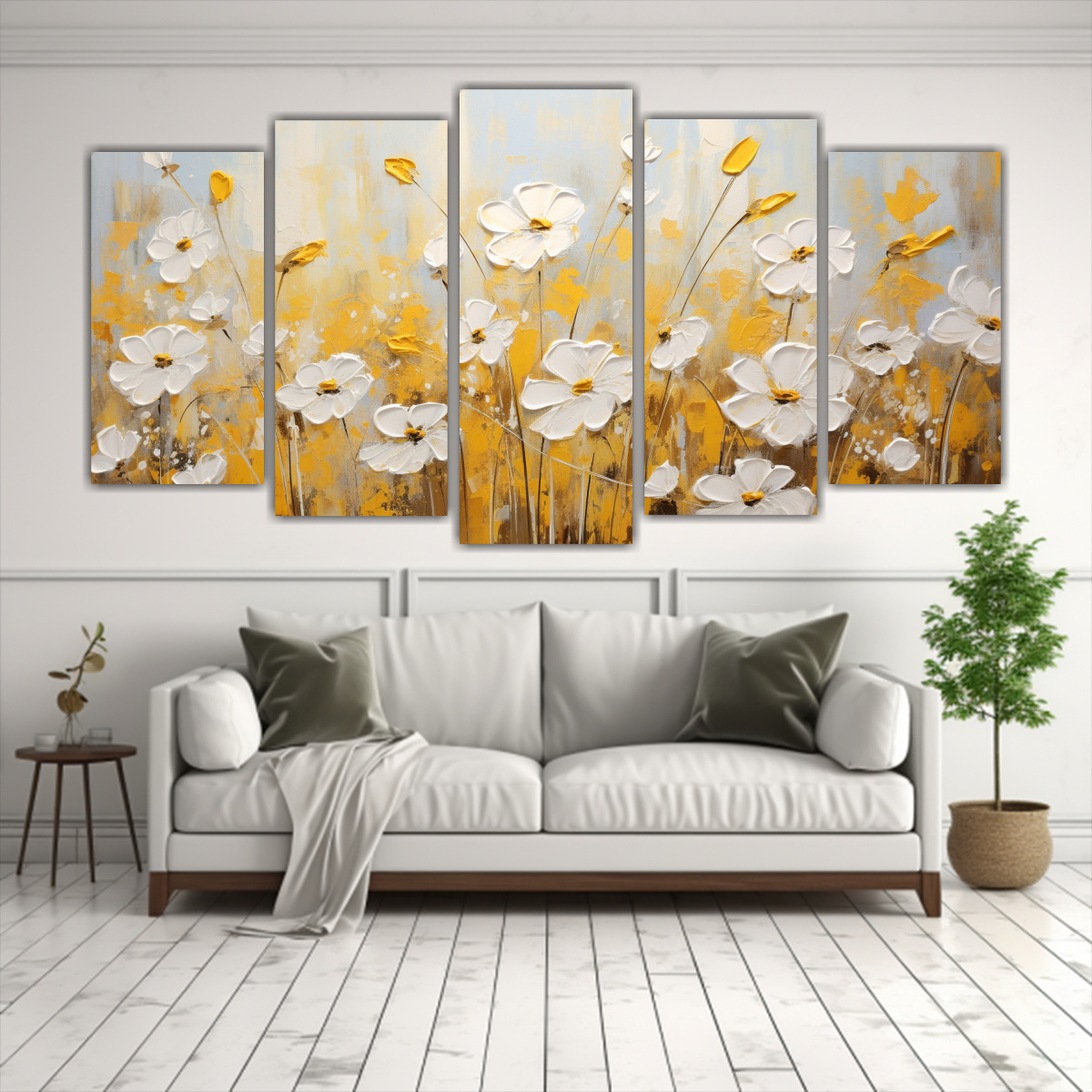 CUADRO DE FLORES AMARILLAS Y BLANCAS EN LIENZO 250X125 CM - 2