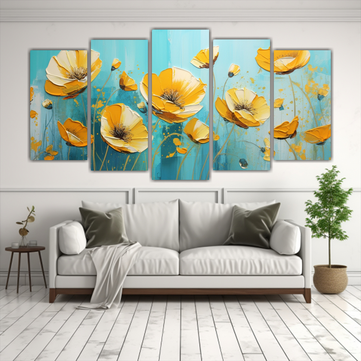 PINTURA VINTAGE DE FLORES AMARILLAS Y TURQUESAS 200X100 CM - 2