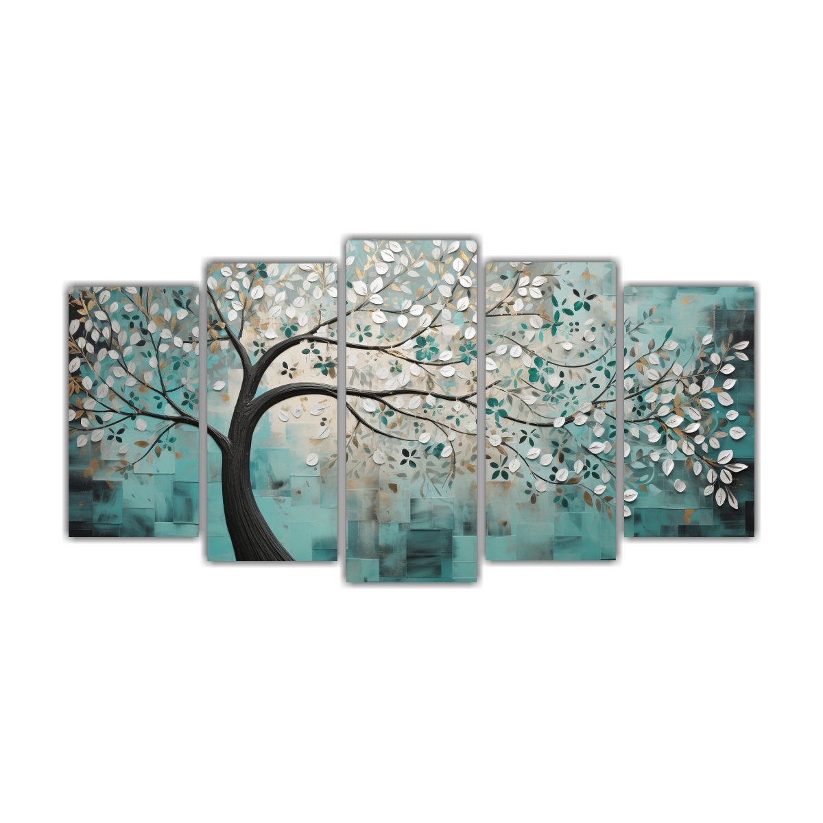 CUADROS ACUARELA DE ÁRBOL EN TURQUESA Y PLATA 250X125 CM - 1