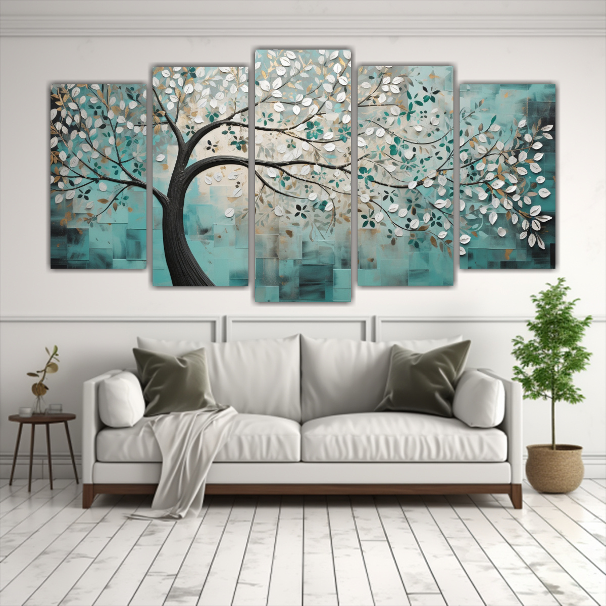 CUADROS ACUARELA DE ÁRBOL EN TURQUESA Y PLATA 250X125 CM - 2