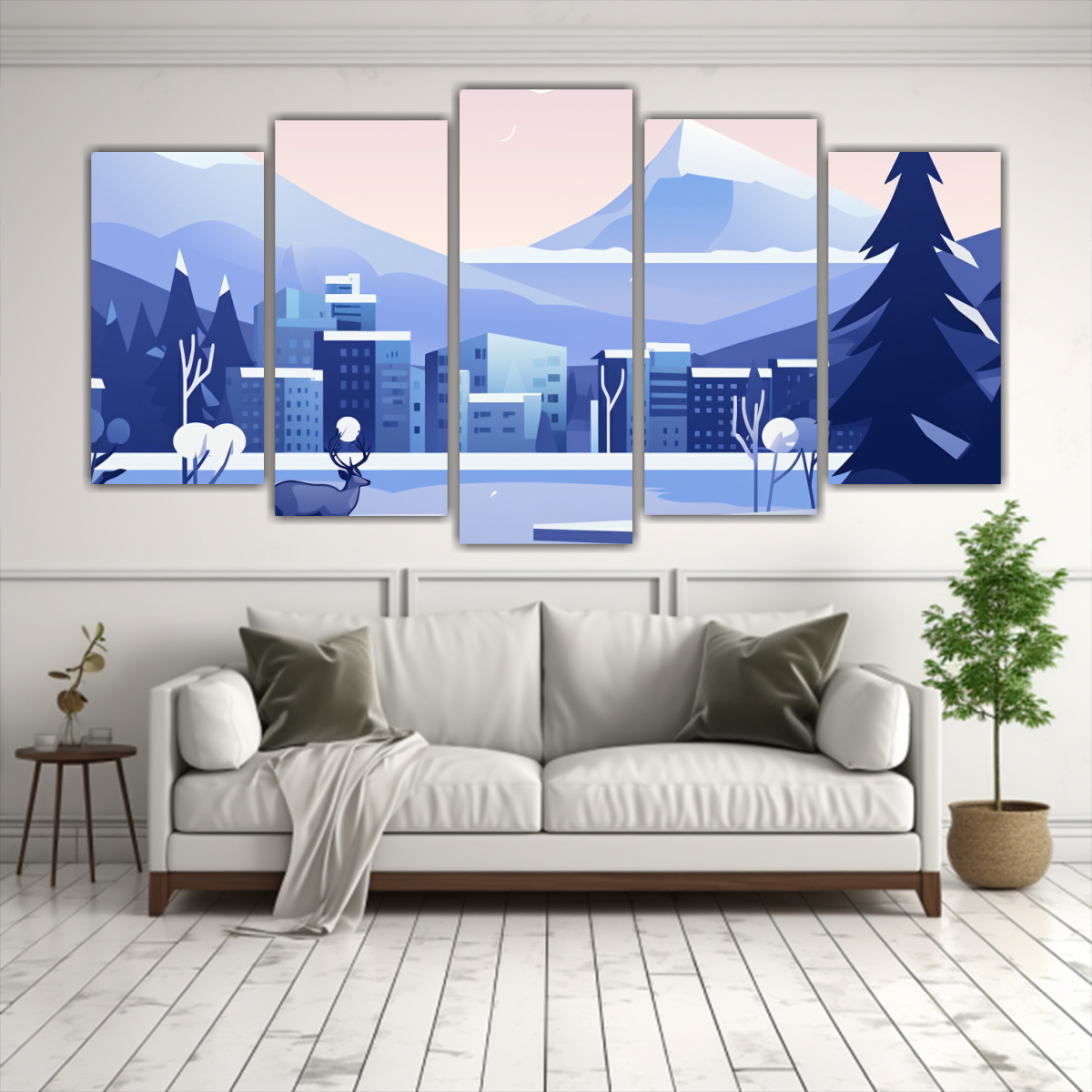 PINTURA DECORATIVA DE PAISAJE DE LAGO Y EDIFICIOS 150X75 CM - 2
