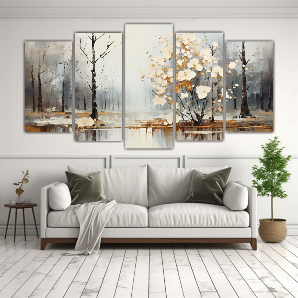 PINTURA ABSTRACTA DE ÁRBOLES EN PLATA Y BLANCO, 200X100 CM - 2