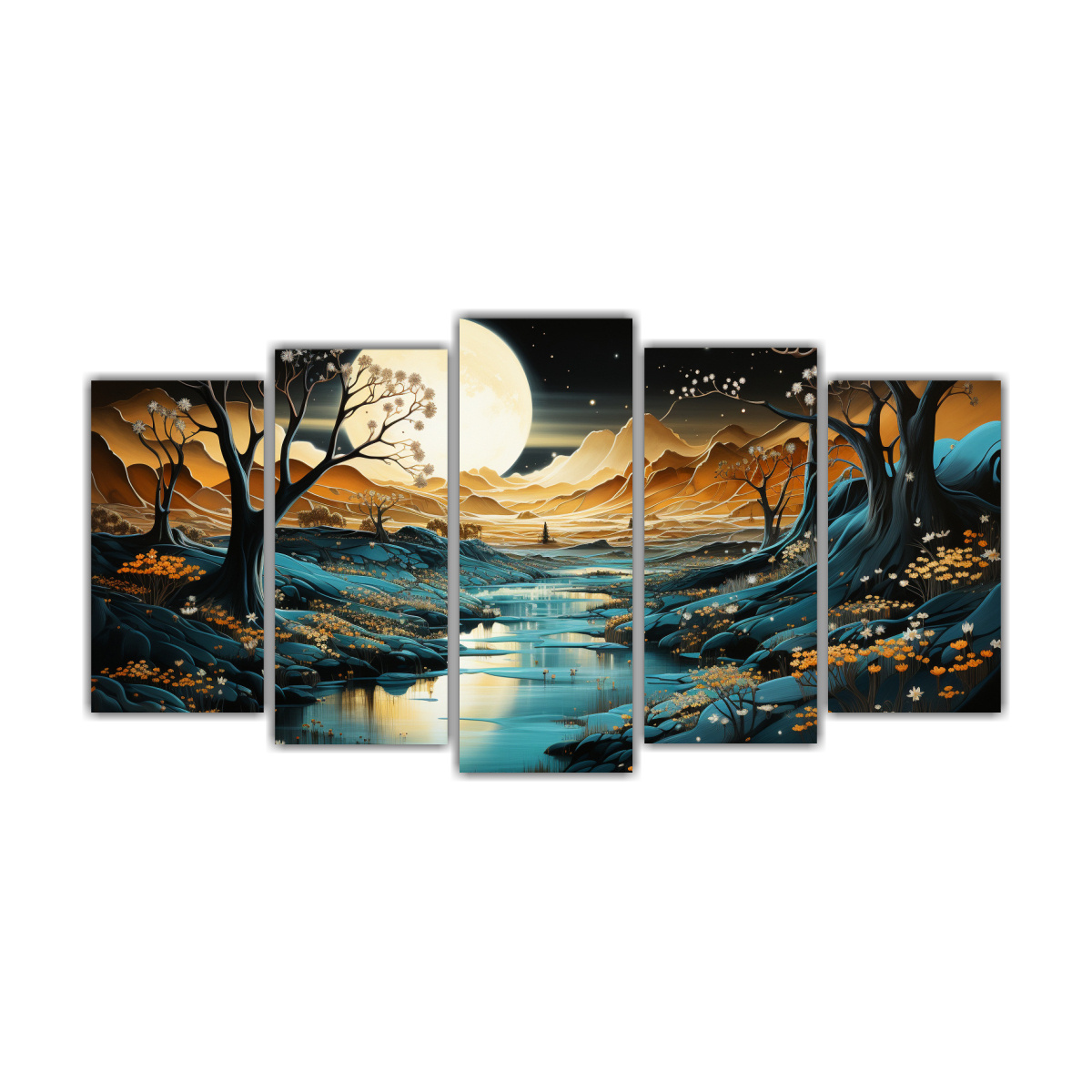 PINTURA ABSTRACTA CON LUNA Y MONTAÑAS, 100X50 CM - 1