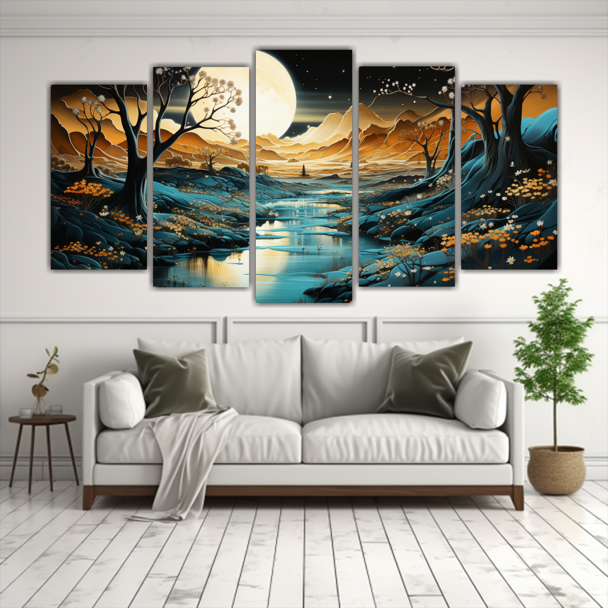 PINTURA ABSTRACTA CON LUNA Y MONTAÑAS, 100X50 CM - 2