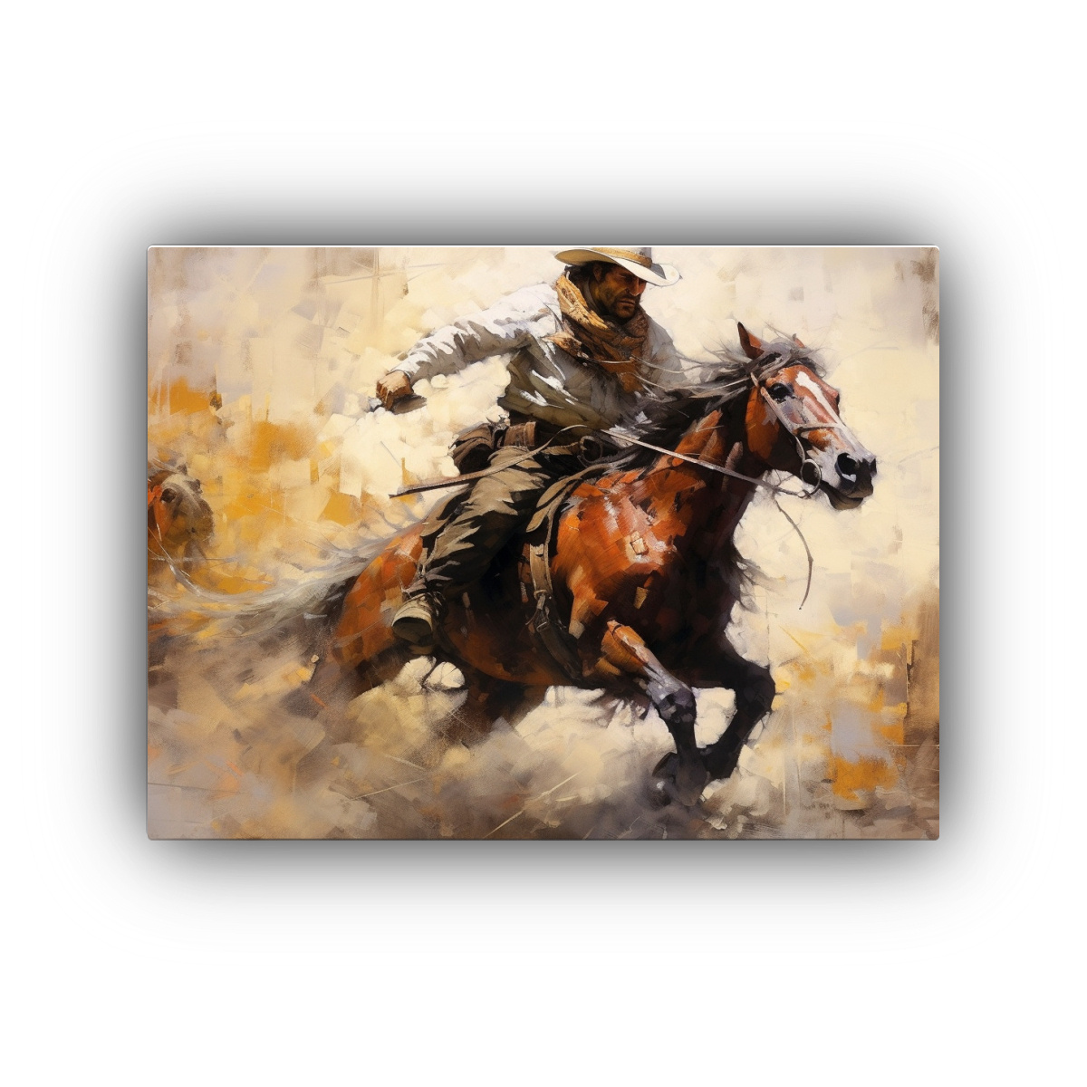 CUADRO DE COWBOY DOMANDO CABALLO EN GRAN LIENZO. 90X60 CM - 1