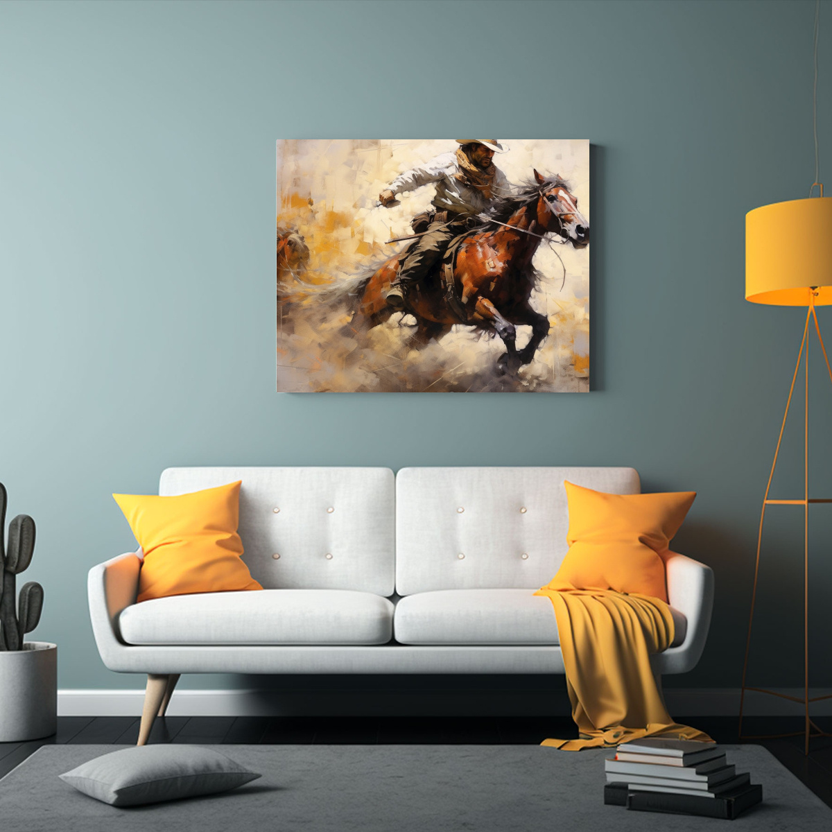 CUADRO DE COWBOY DOMANDO CABALLO EN GRAN LIENZO. 90X60 CM - 2