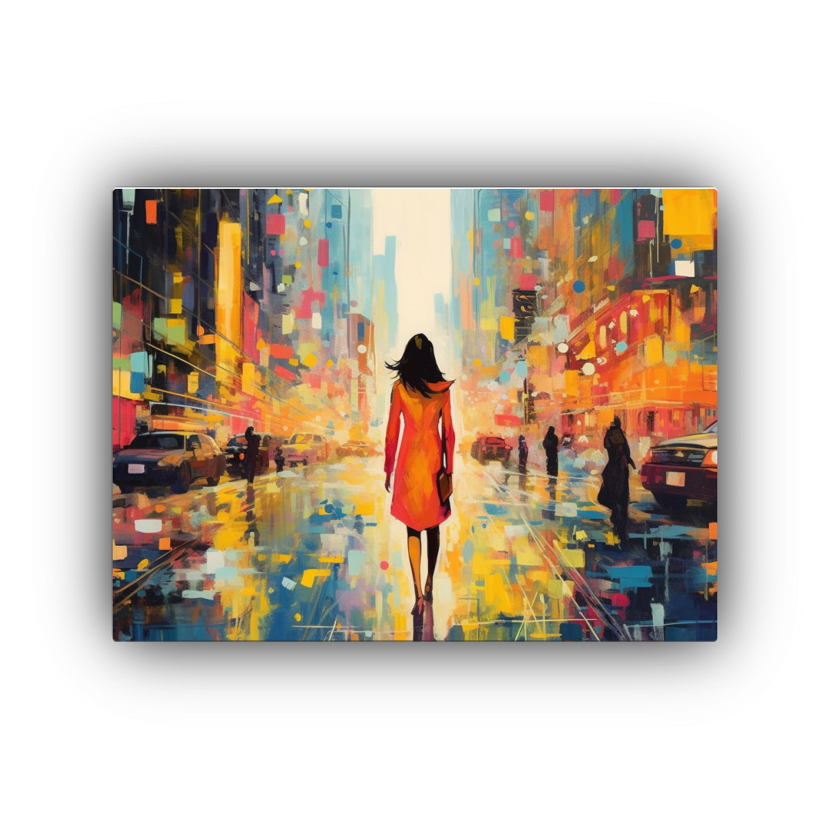 MUJER PASEANDO POR LA CIUDAD ADMIRANDO PINTURAS 90X60 CM - 1