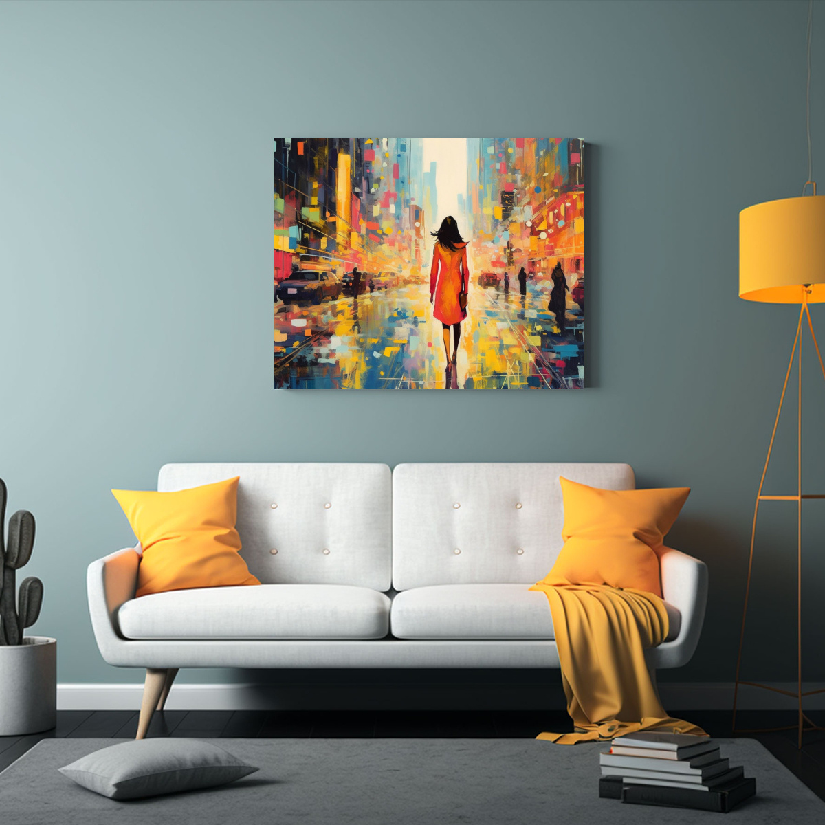 MUJER PASEANDO POR LA CIUDAD ADMIRANDO PINTURAS 90X60 CM - 2