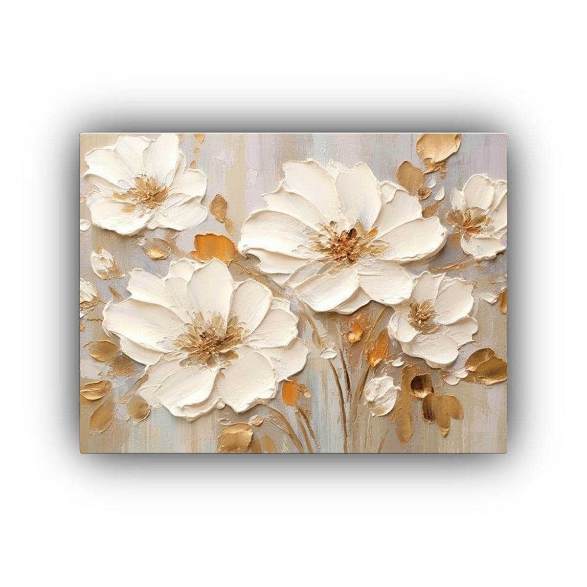 PINTURA AL ÓLEO DE FLORES BLANCAS Y DORADAS PARA 60X40 CM - 1
