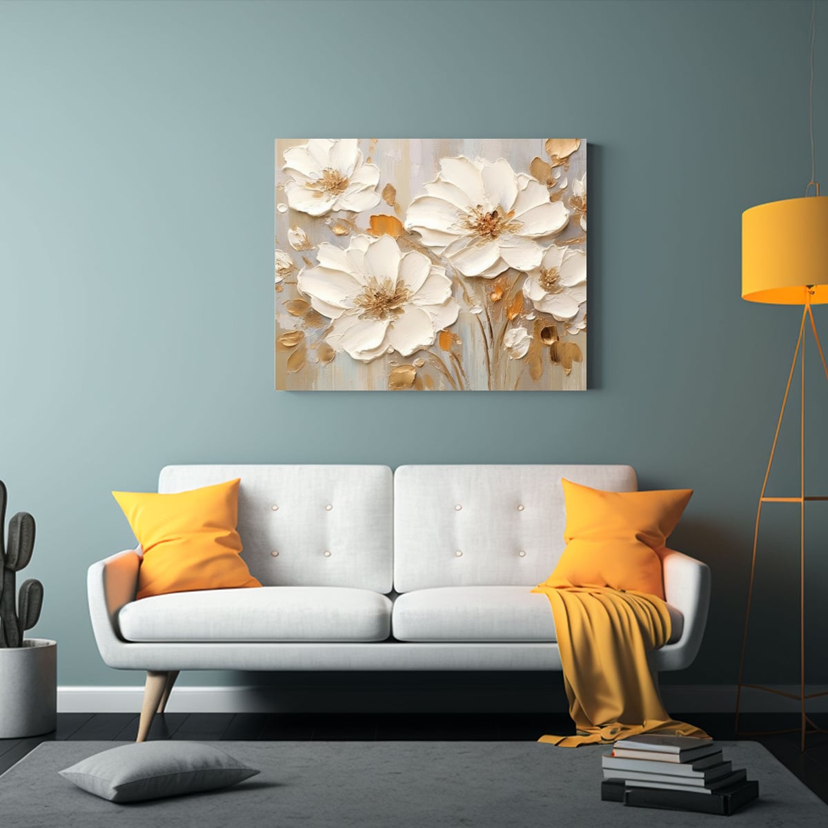 PINTURA AL ÓLEO DE FLORES BLANCAS Y DORADAS PARA 60X40 CM - 2