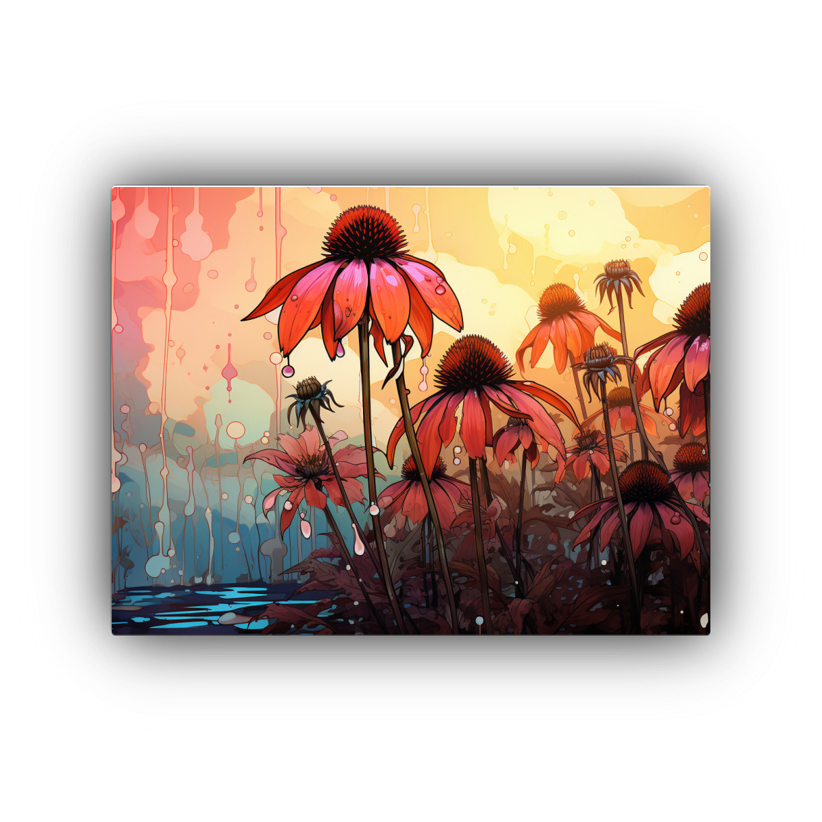 PINTURA DECORATIVA DE CONEFLOWER EN TONOS SUAVES 60X40 CM - 1