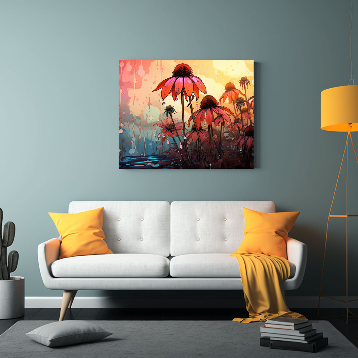 PINTURA DECORATIVA DE CONEFLOWER EN TONOS SUAVES 60X40 CM - 2