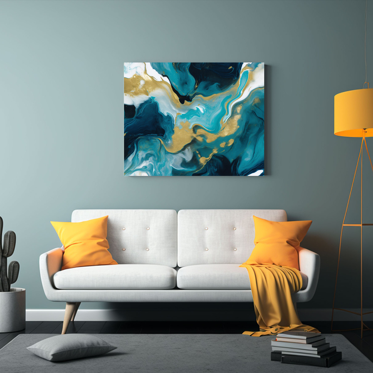 CUADRO DIBUJO BELLEZA ABSTRACTO AZUL Y DORADO, 90X60 CM - 2