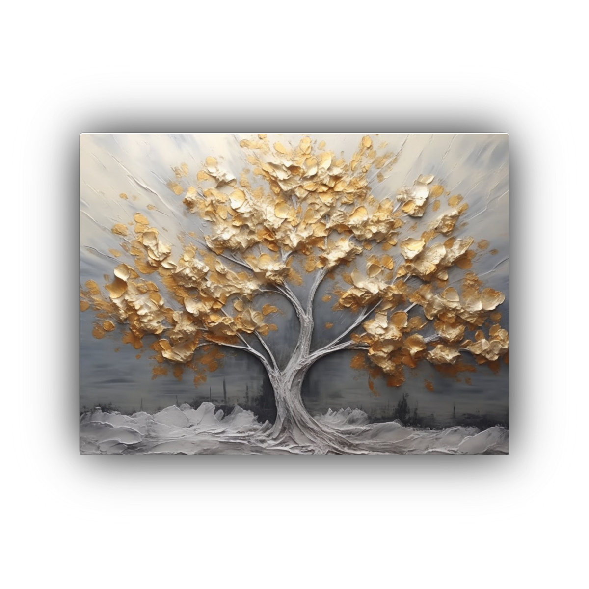PINTURA DE ÁRBOL CON HOJAS GRISES Y DORADAS: 120X80 CM - 1