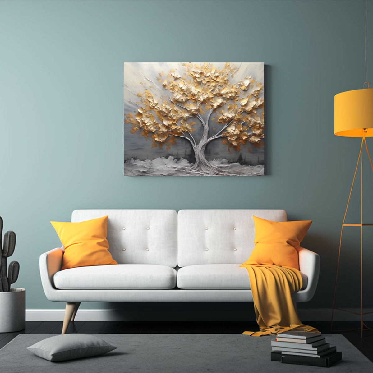 PINTURA DE ÁRBOL CON HOJAS GRISES Y DORADAS: 120X80 CM - 2