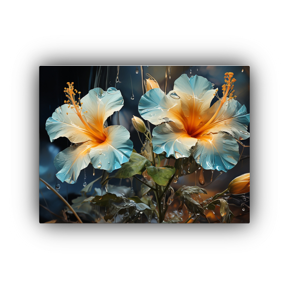 PINTURA ABSTRACTA DE HIBISCOS EN VERDE Y DORADO 60X40 CM - 1