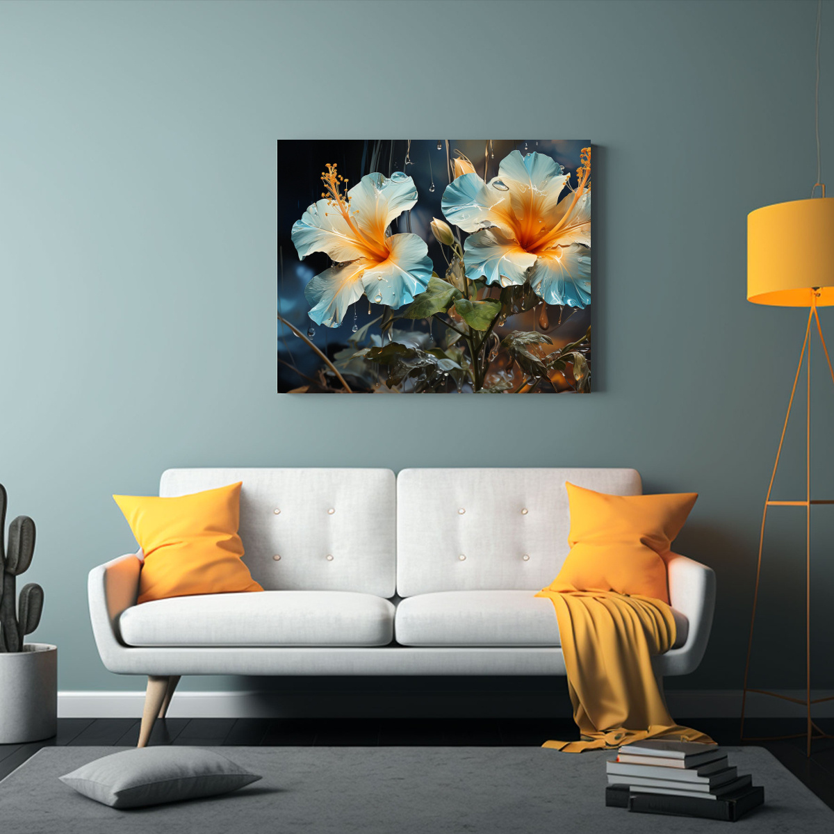 PINTURA ABSTRACTA DE HIBISCOS EN VERDE Y DORADO 60X40 CM - 2