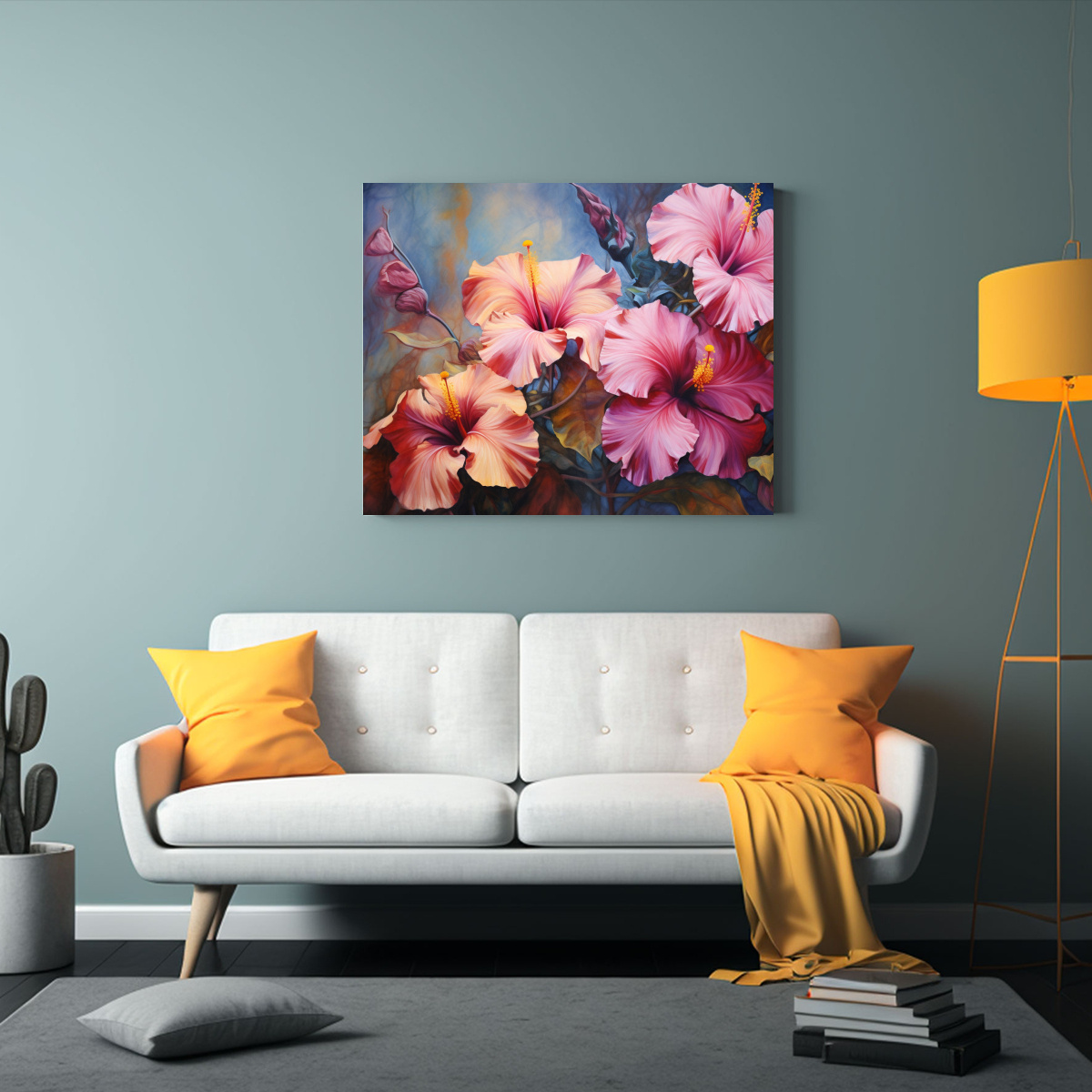 PINTURA ABSTRACTA DE HIBISCOS EN LIENZO DE 75X50 CM - 2