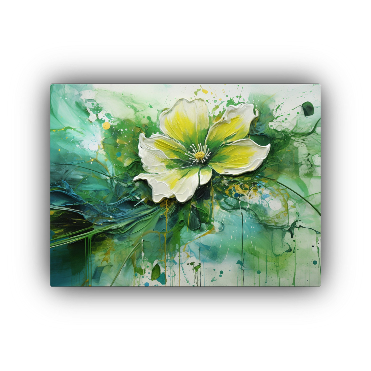 PINTURA ABSTRACTA EN TONOS VERDES Y FLORES 60X40 CM - 1