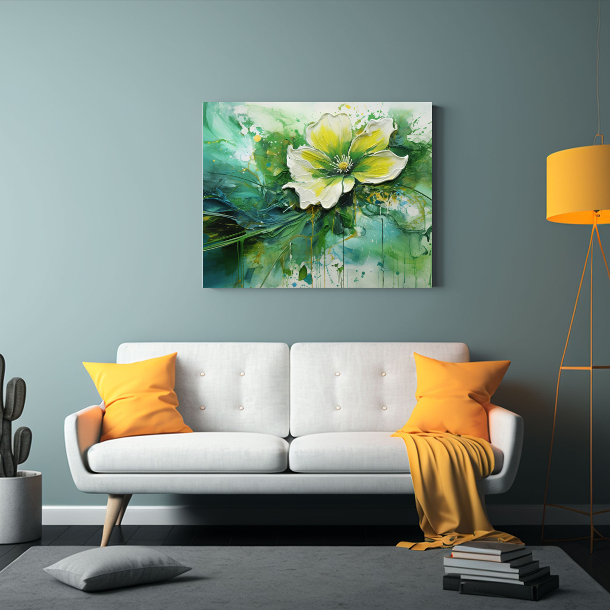 PINTURA ABSTRACTA EN TONOS VERDES Y FLORES 60X40 CM - 2