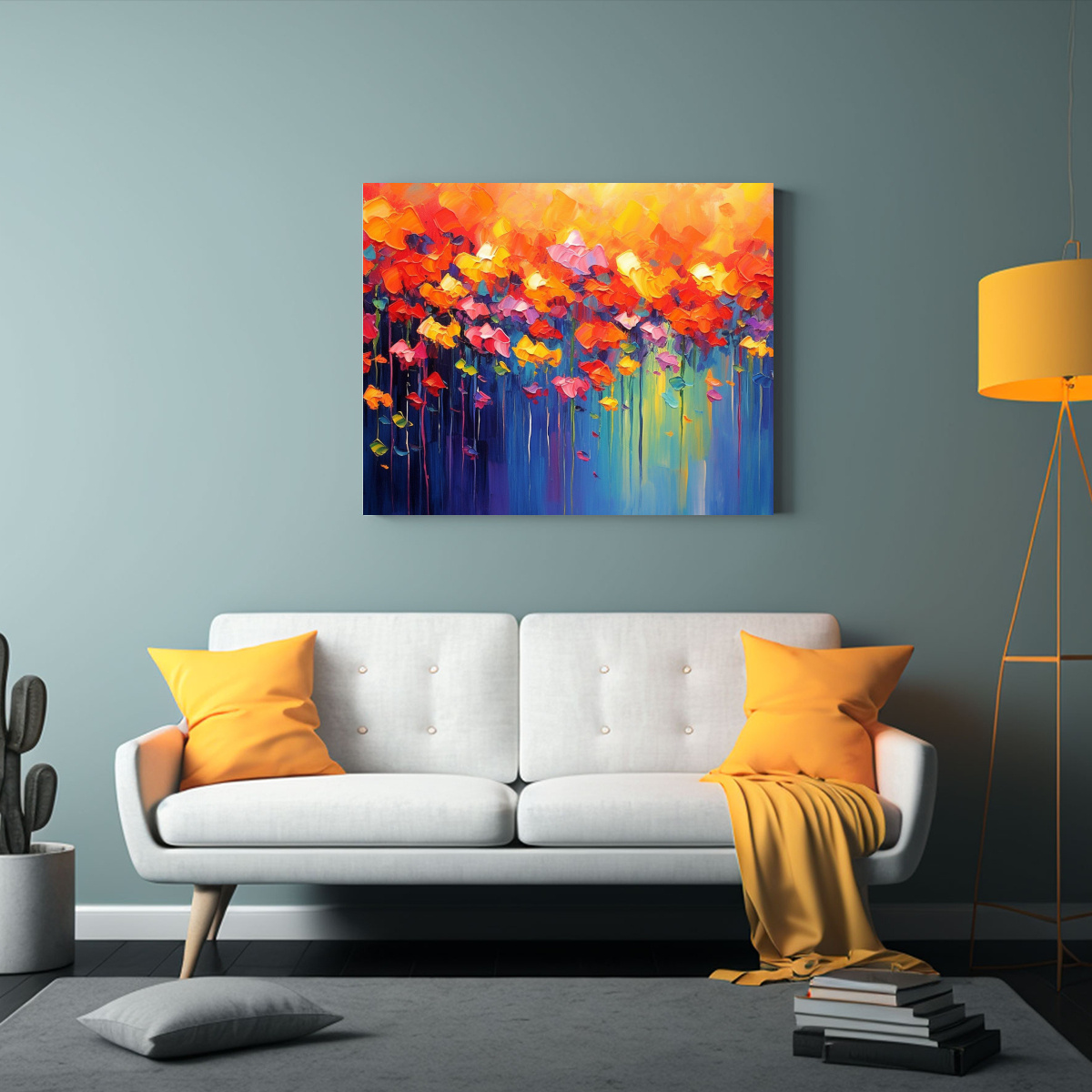 PINTURA AL ÓLEO FLORES COLORIDAS ESTILO DE GOTEO 90X60 CM - 2