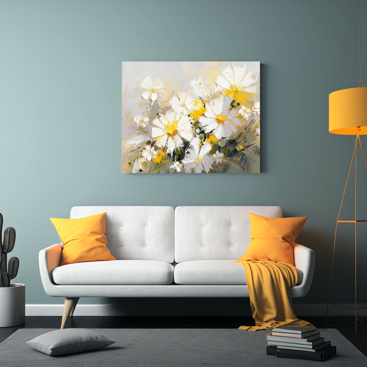 PINTURA FLORES AMARILLO Y BLANCO EN LIENZO: 45X30 CM - 2