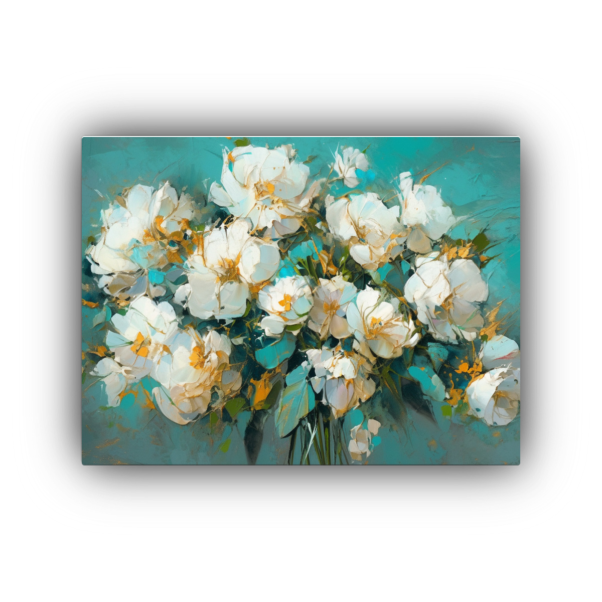 CUADRO DE FLORES EN COLORES TURQUESA Y DORADO 90X60 CM - 1