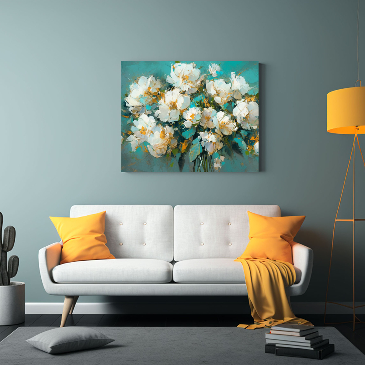 CUADRO DE FLORES EN COLORES TURQUESA Y DORADO 90X60 CM - 2