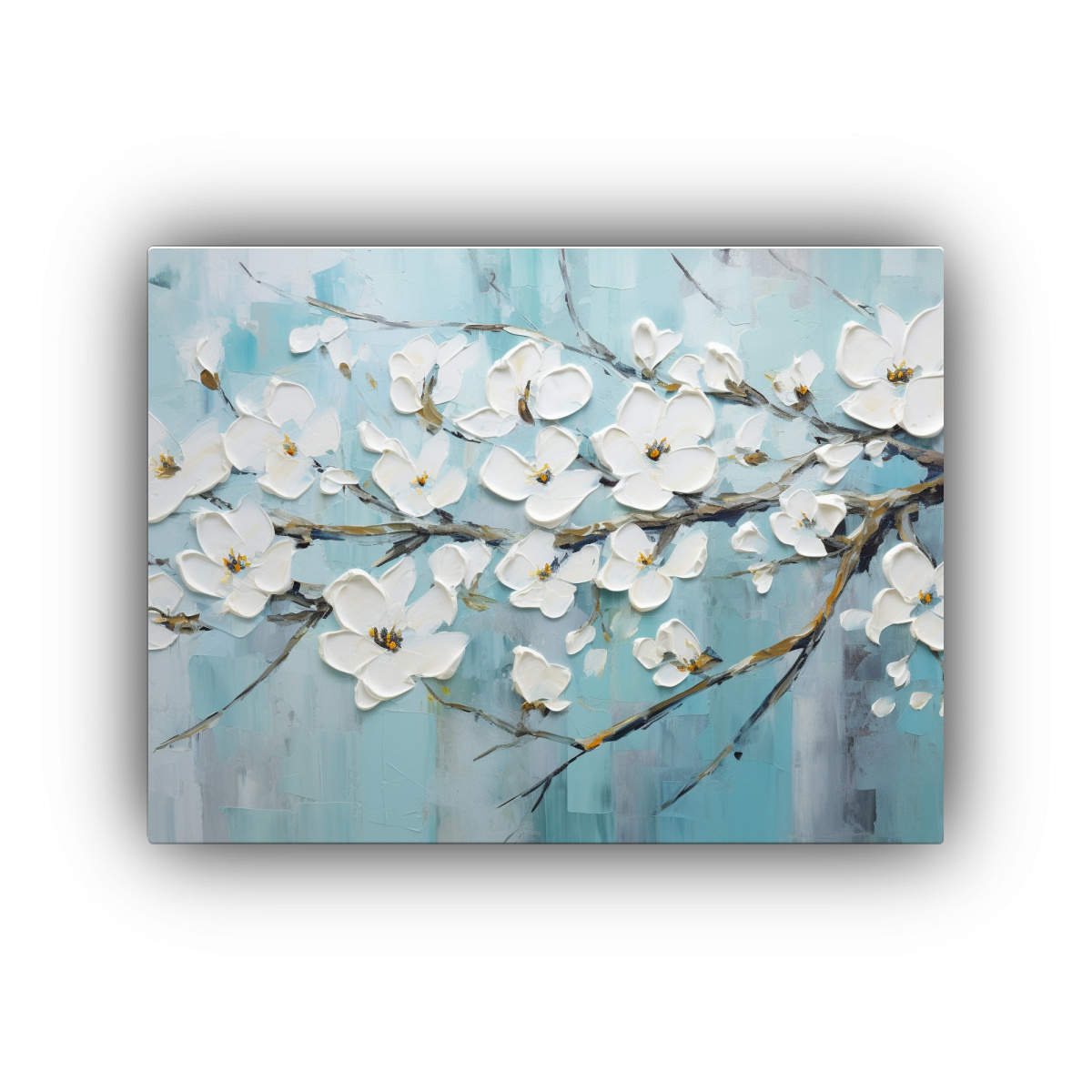 CUADRO DE FLORES BLANCO Y TURQUESA EN LIENZO 50X40 CM - 1