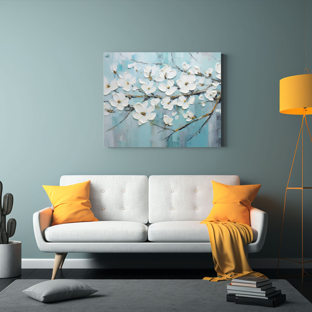 CUADRO DE FLORES BLANCO Y TURQUESA EN LIENZO 50X40 CM - 2