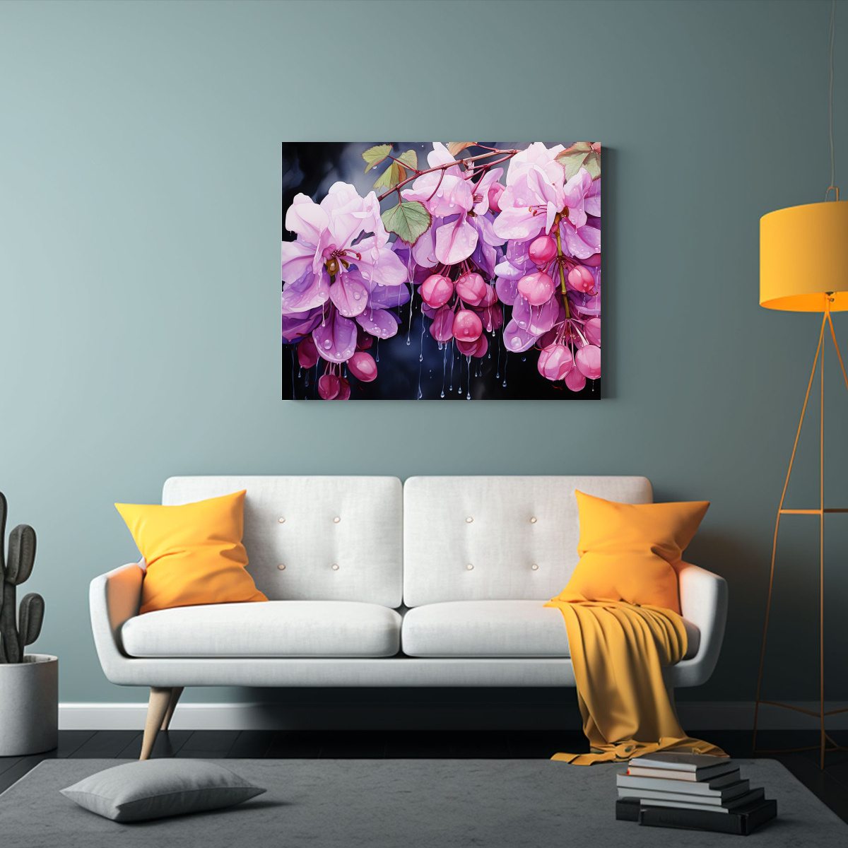 PINTURA ABSTRACTA CON FLORES DE GLICINA EN 90X60 CM - 2