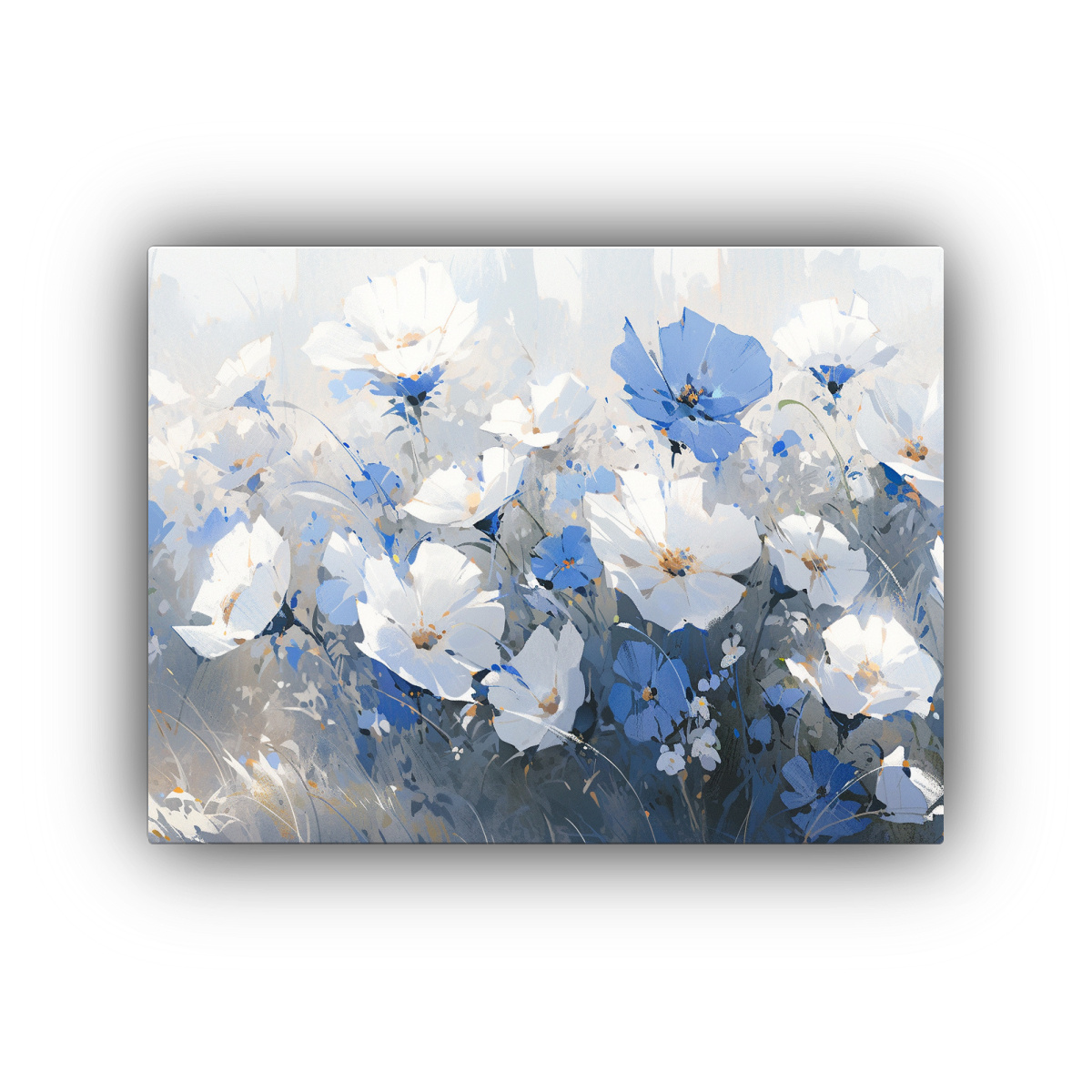PINTURA DE FLORES BLANCAS Y AZULES EN LIENZO DE 65X50 CM - 1