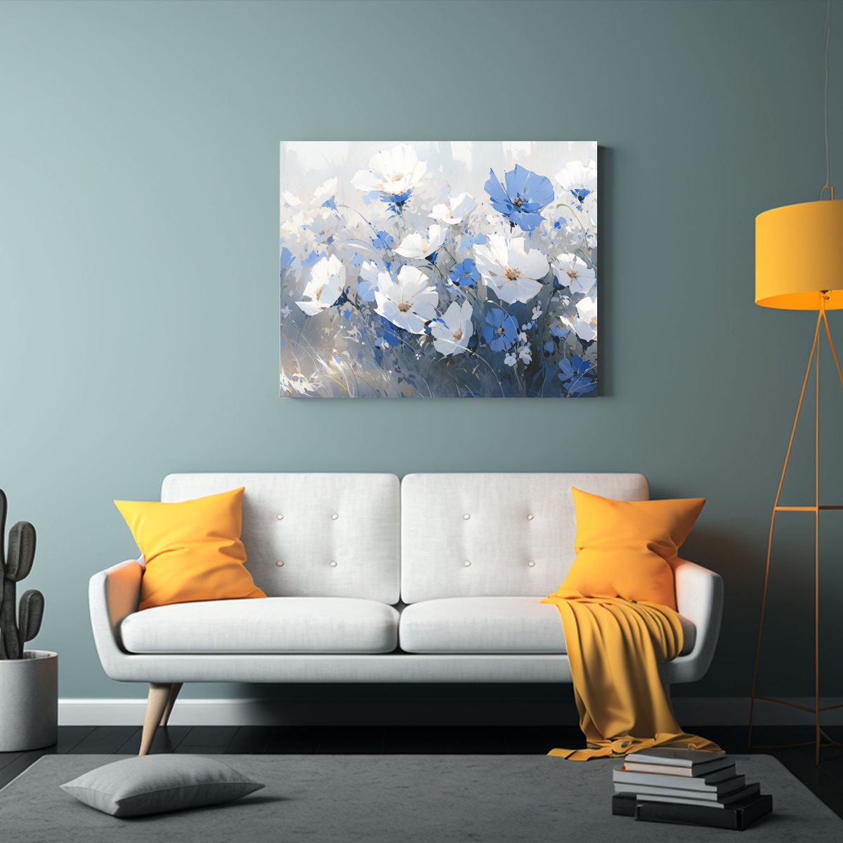 PINTURA DE FLORES BLANCAS Y AZULES EN LIENZO DE 65X50 CM - 2
